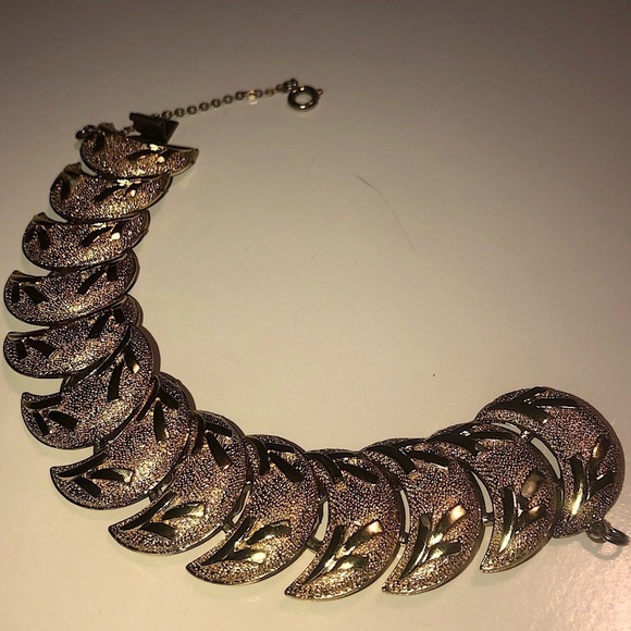 VTG Coro Gold Tone Crescent Moon Bracelet w Safety Chain 7” / 1” Width - Picture 1 of 6